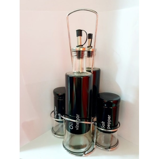 Cruet Set - Oil, Vinigar, Pepper, Black - 5 Piece